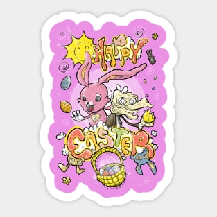 HAPPY EASTER with Cartoony Old Man Joe & the CUTEST Easter Bunny EVER Hand Drawn One of a Kind Art 2 Sticker